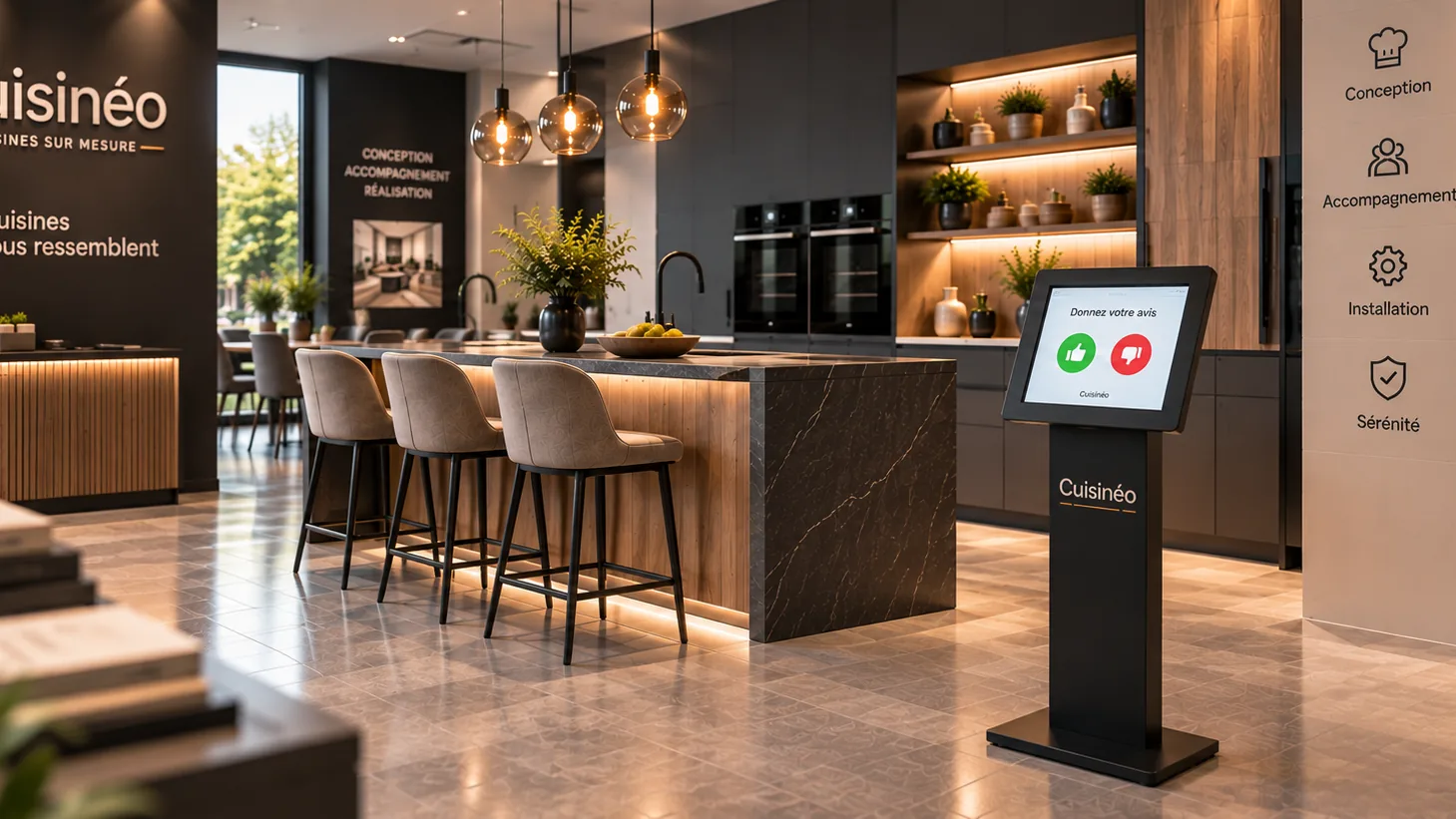 Borne Avis Flash intégrée dans un showroom de cuisine